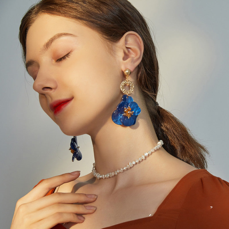 Acrylic Royal Blue Vintage Flower Exaggerate French Earrings