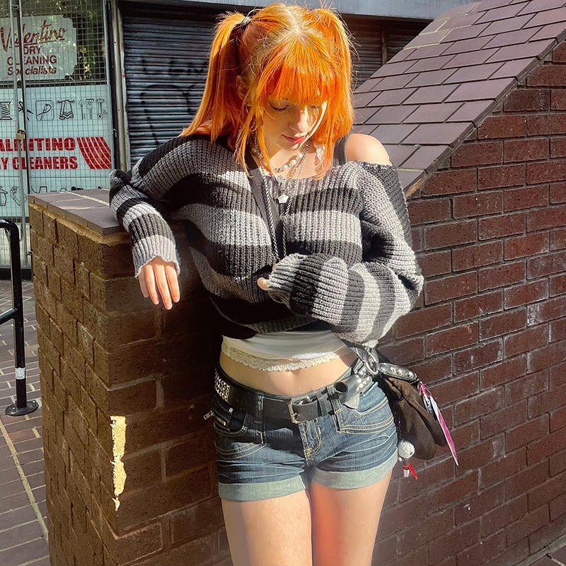 women's cut-out shoulder crop striped knit top - MRSLM