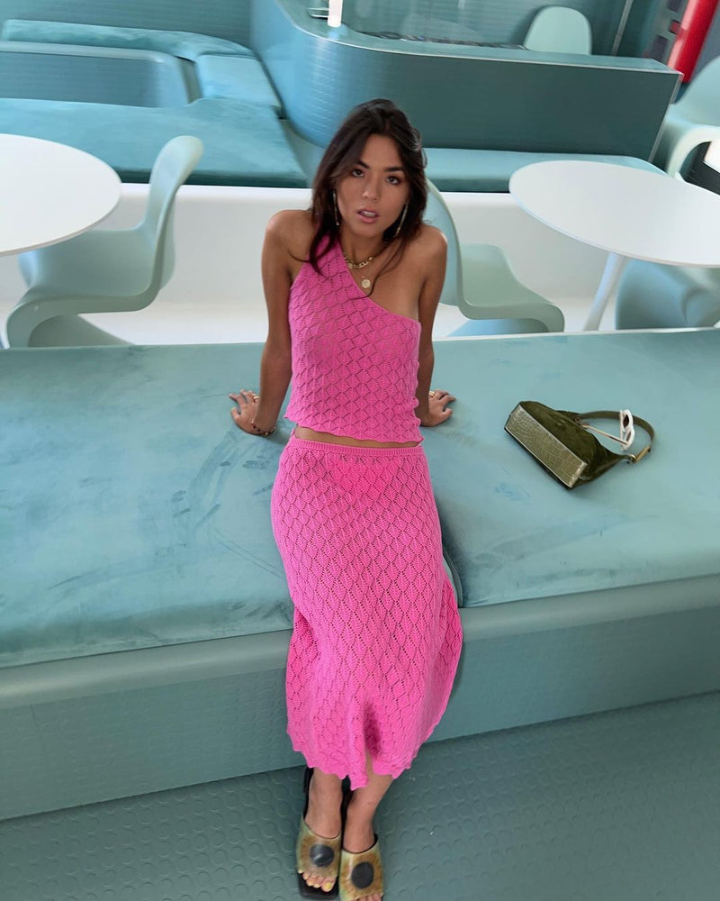 one-shoulder knit cami top and skirt set, view 7 - MRSLM
