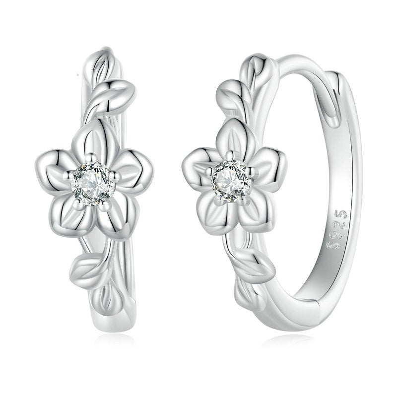 white gold zircon flower hoop earrings, view 3 - MRSLM