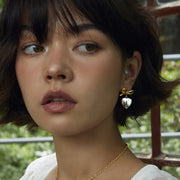 18K gold plated bow heart pendant earrings, view 4 - MRSLM