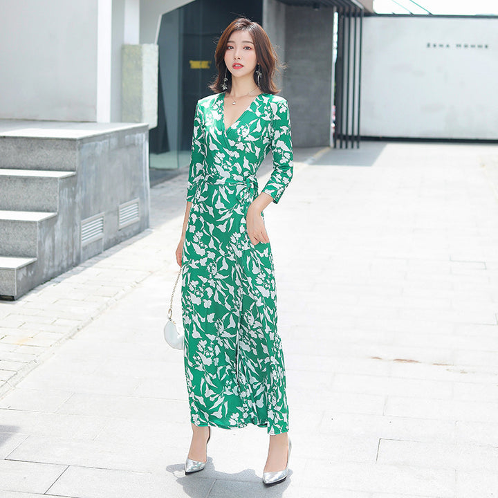 Lace-up Fashionable Long One-piece Wrap Vintage Floral Dress