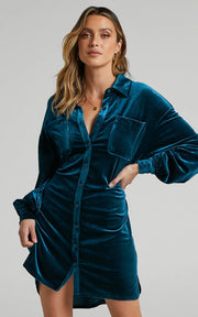 women's velvet long sleeve mini dress, view 3 - MRSLM