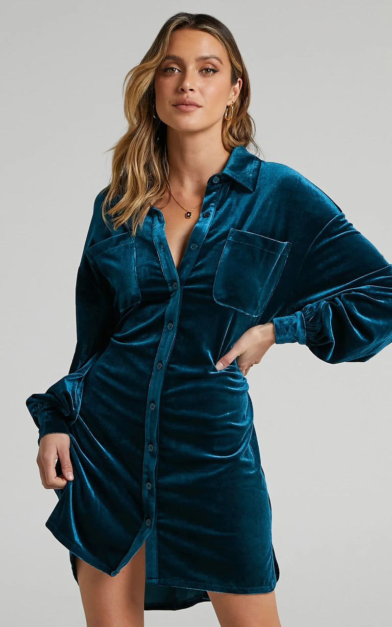 women's velvet long sleeve mini dress, view 3 - MRSLM