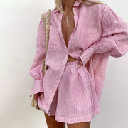 women's cotton striped shirt and shorts outfit, view 8 - MRSLM
