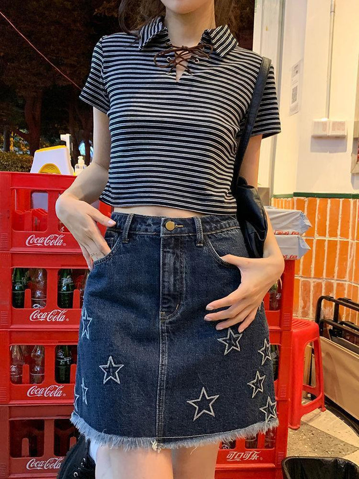 Star Embroidery American Vintage Denim Short Skirt Summer Women's High Waist Spice Girl Half Skirt Bag Hip Skirt