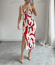 Printed suspender split dress with lace-up waist, view 12 - MRSLM