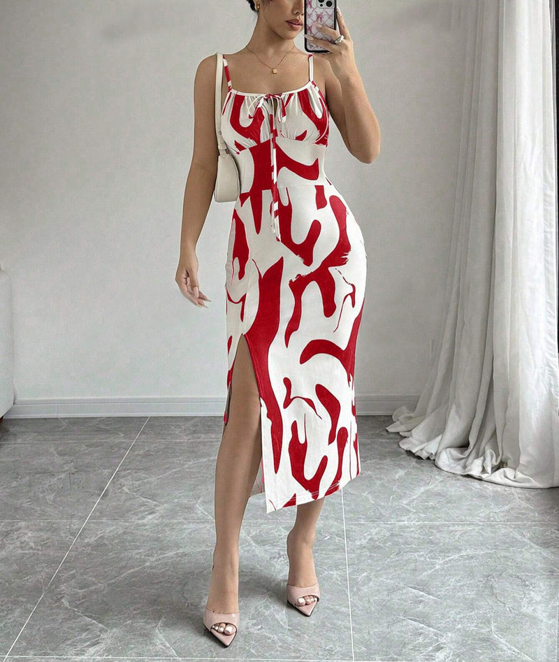 Printed suspender split dress with lace-up waist, view 12 - MRSLM