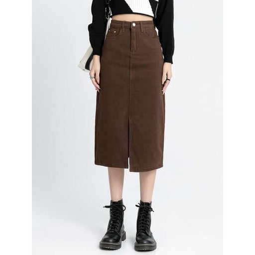 high waist denim pencil skirt, view 3 - MRSLM