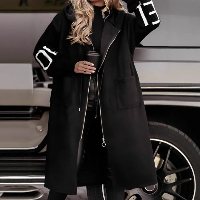 hooded long trench coat with pockets and drawstring, view 4 - MRSLM