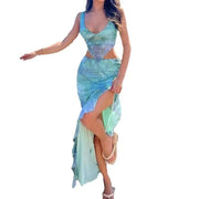 Women's green print top and slit skirt set, view 5 - MRSLM