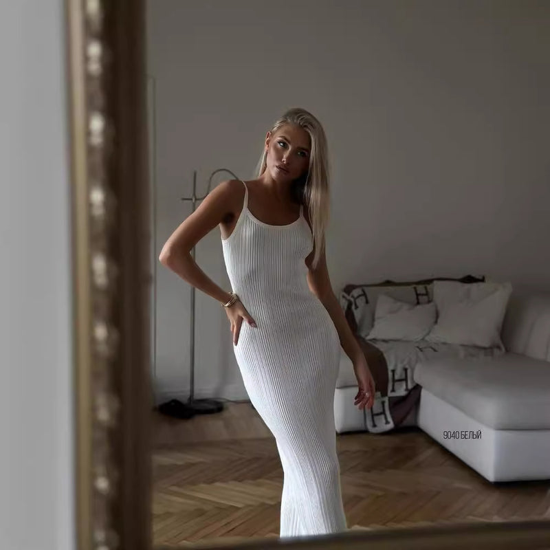minimalist knitted suspender dress, view 4 - MRSLM