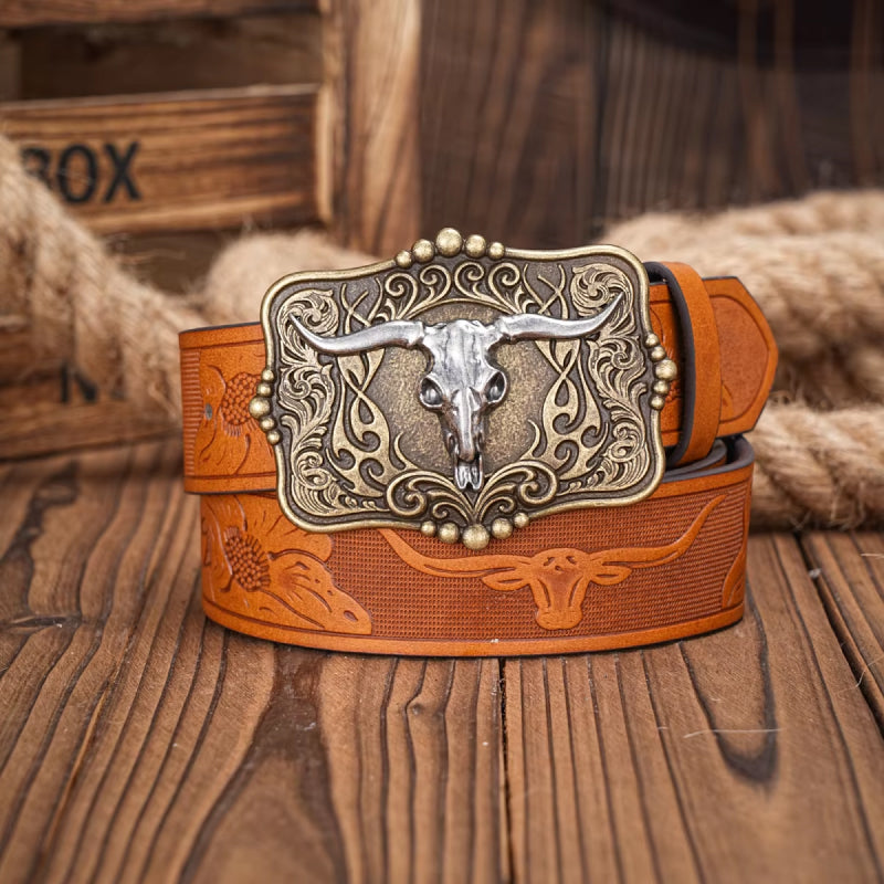 western cowboy pu leather belt with bull decoration, view 4 - MRSLM