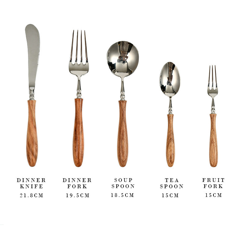 rosewood handle stainless steel flatware set, view 3 - MRSLM