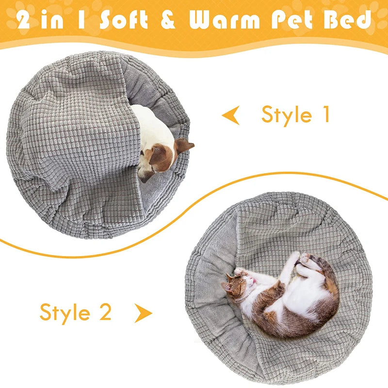 cozy hooded fluffy round pet bed, view 5 - MRSLM