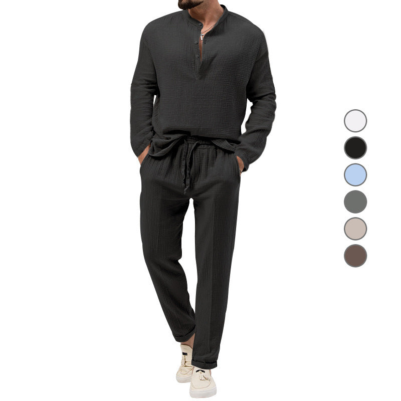 men's solid long-sleeve top and trousers set, view 4 - MRSLM