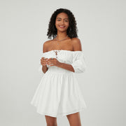 off-shoulder mini A-line dress with puff sleeves, view 6 - MRSLM