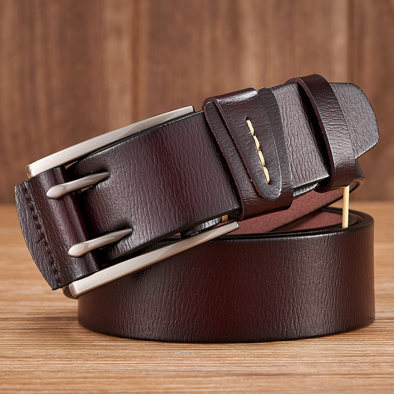 men's 4CM leather belt double pin buckle, view 6 - MRSLM