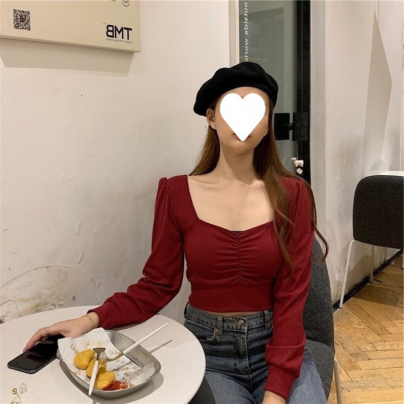 Bare Midriff High Waist Short Shirt Long-sleeved Shirt