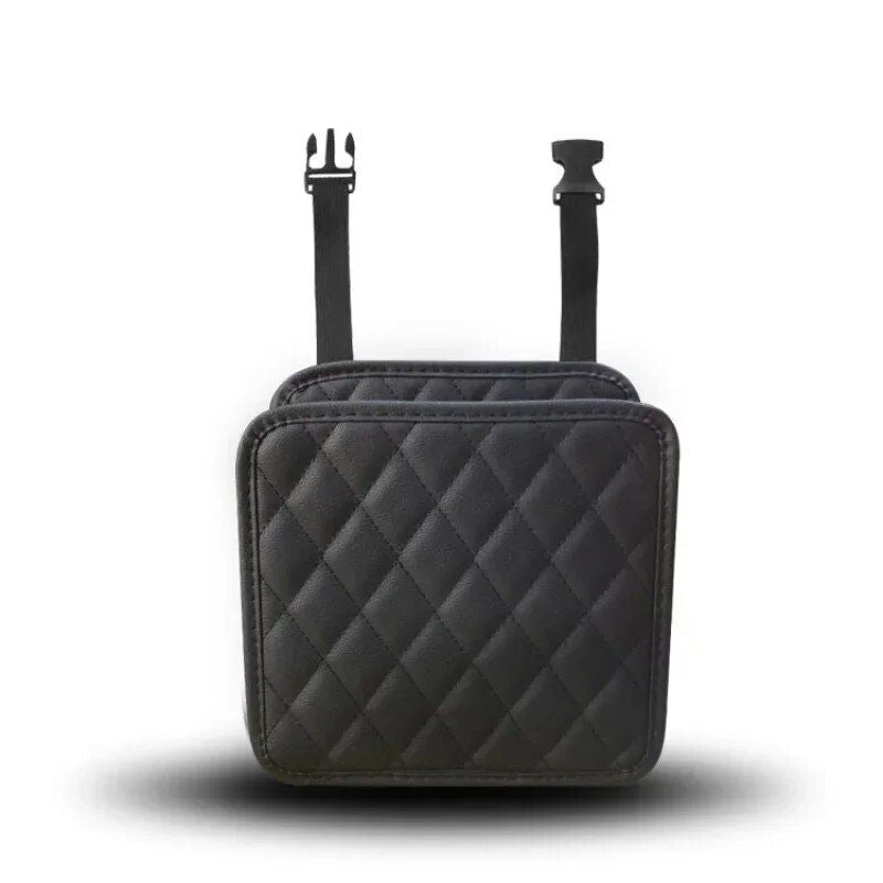 leather car seat back organizer with phone and umbrella holder, view 3 - MRSLM