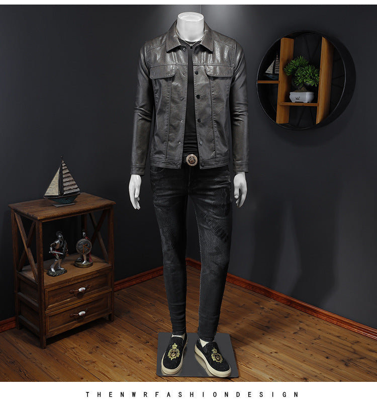 men's lapel pu leather coat, view 10 - MRSLM