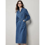mid-length denim A-line dress with lapel collar, view 3 - MRSLM