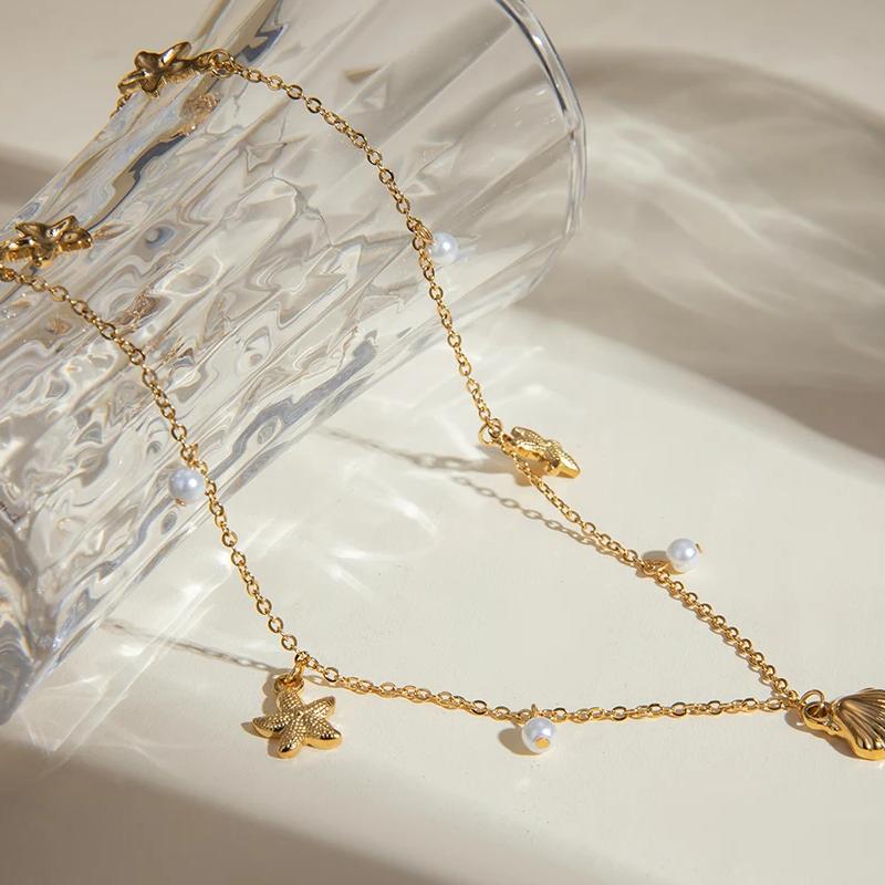18k gold plated starfish shell necklace, view 5 - MRSLM
