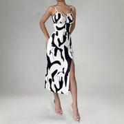Printed suspender split dress with lace-up waist, view 8 - MRSLM