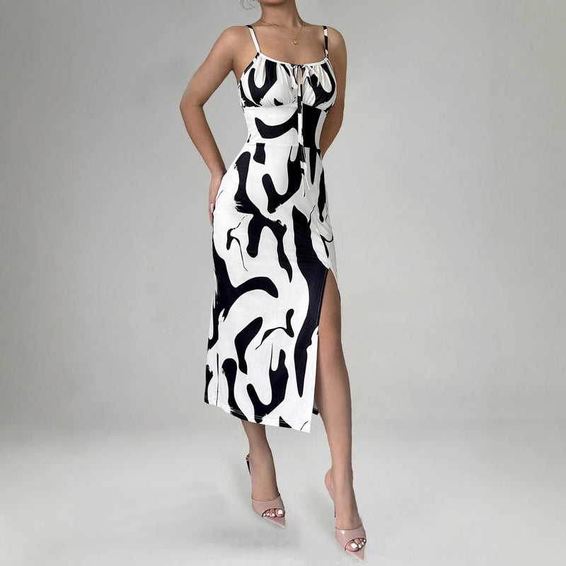 Printed suspender split dress with lace-up waist, view 8 - MRSLM