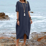 Women's retro round neck mid-length dress, view 4 - MRSLM