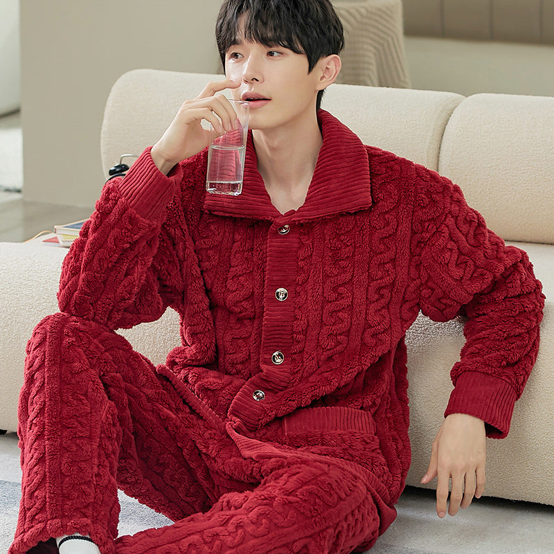 Men's flannel lounge robe cardigan set, view 10 - MRSLM