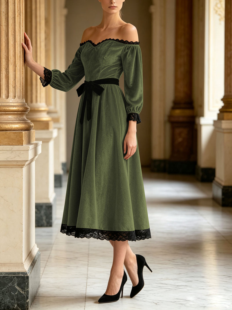 Off-shoulder velvet midi dress with lace trim and bow, view 8 - MRSLM