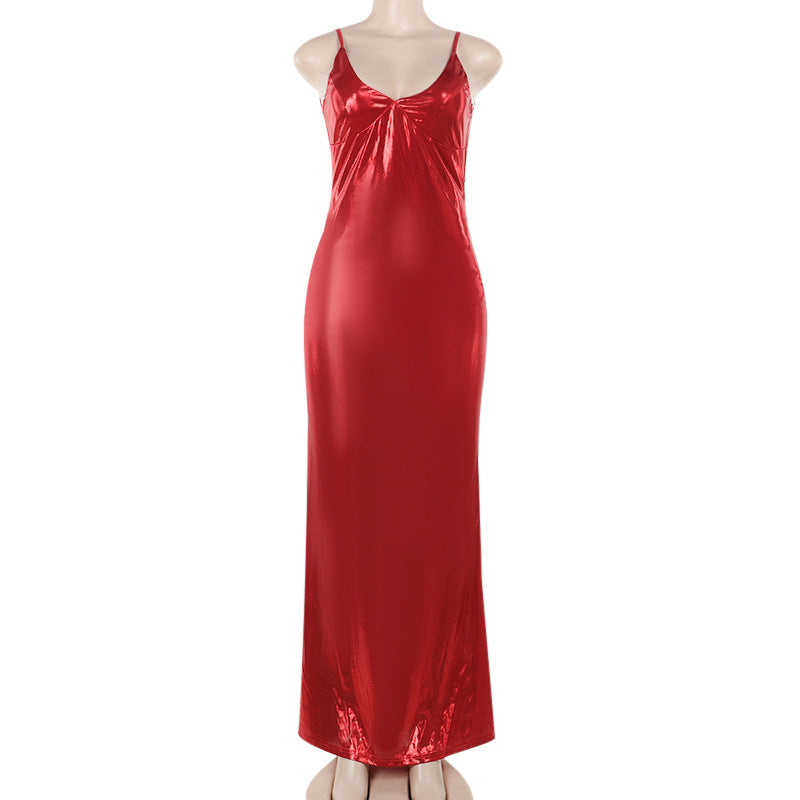 slim-fit sling gloss dress, view 7 - MRSLM