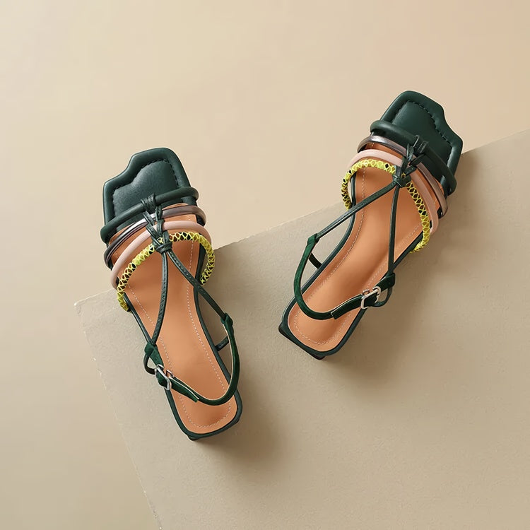 colorful buckle strap chunky heel sandals, view 12 - MRSLM