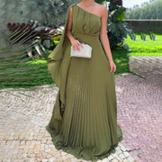 Olive off-shoulder pleated high waist dress, view 4 - MRSLM