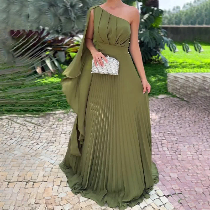 Olive off-shoulder pleated high waist dress, view 4 - MRSLM