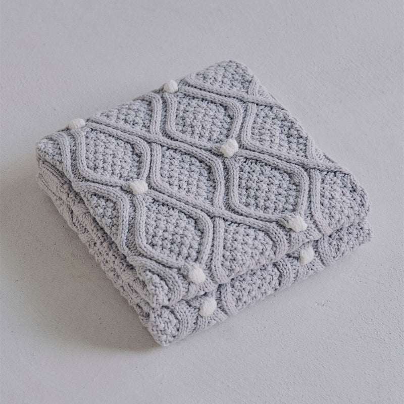 chunky knit blanket with pompons, view 7 - MRSLM