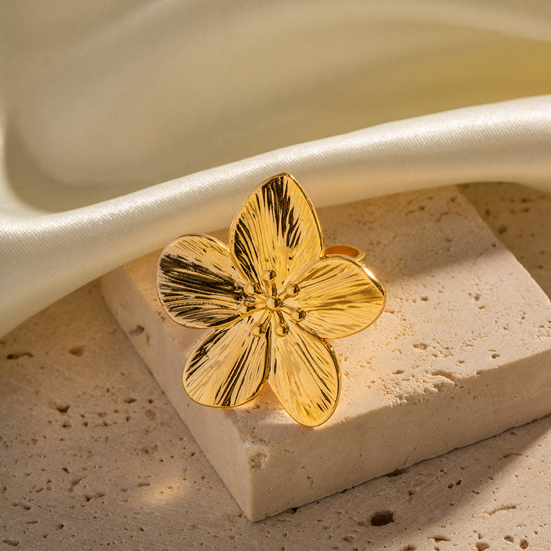 18K gold-plated open floral statement ring, view 4 - MRSLM