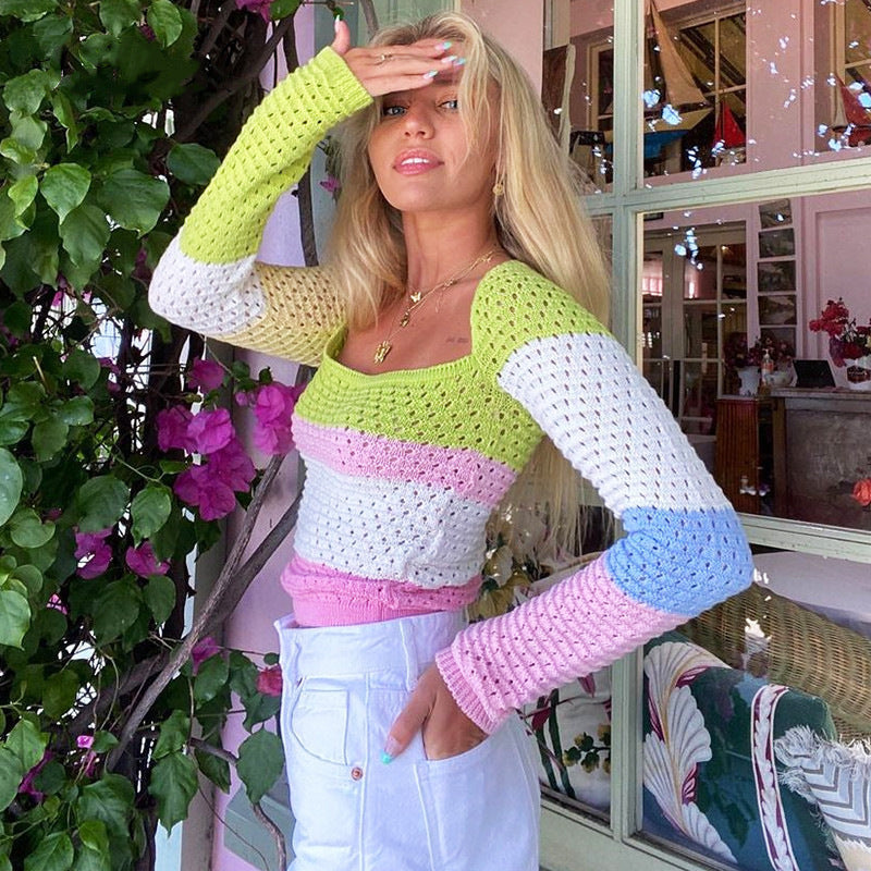 women's hollow knit long sleeve color matching top - MRSLM