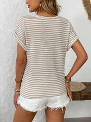 V-neck short sleeve knitted top with buttons, view 2 - MRSLM