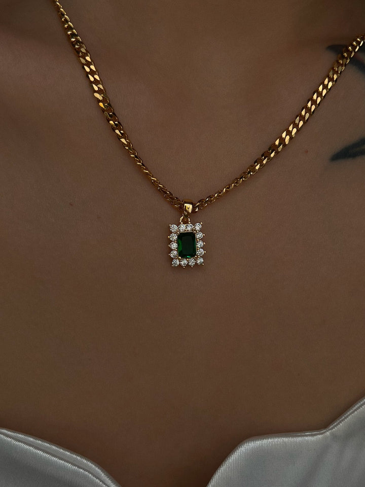 Square Zircon Emerald Navy Blue Titanium Steel Necklace