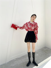 women's retro red floral print shirt, view 3 - MRSLM