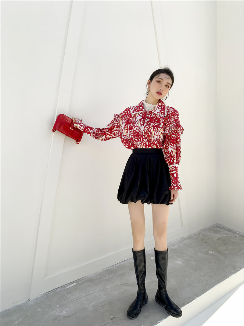women's retro red floral print shirt, view 3 - MRSLM