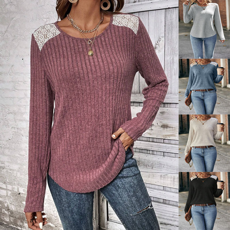 women's brushed stripe lace long sleeve top - MRSLM