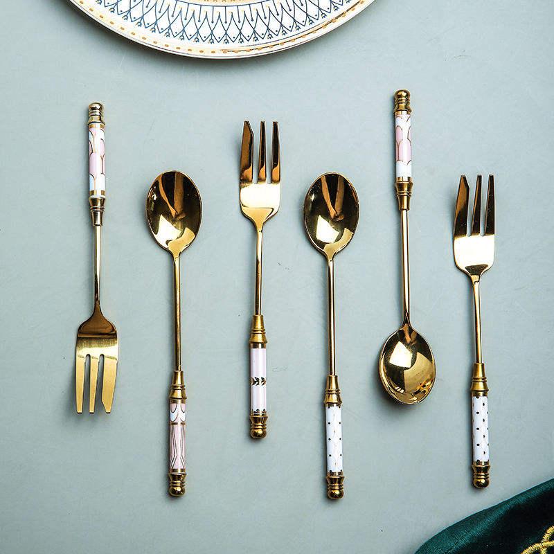vintage gold ceramic dessert fork and spoon set - MRSLM
