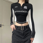 contrast patchwork embroidered letter long sleeve top, view 6 - MRSLM