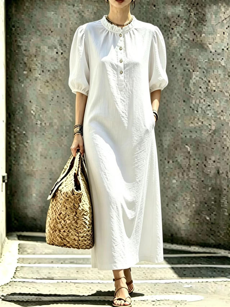 Women's puff sleeve stand collar straight dress, view 6 - MRSLM