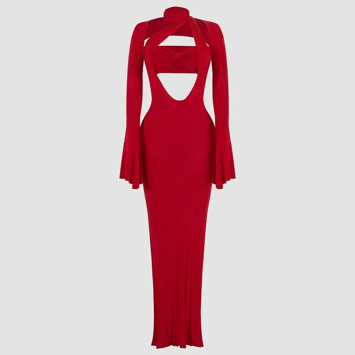 hollow solid color maxi dress, view 4 - MRSLM