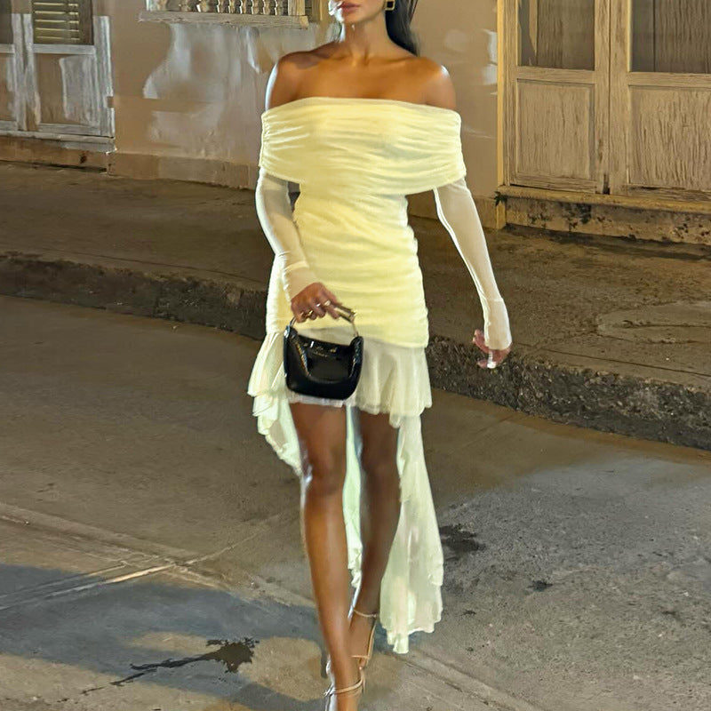 slim-fit pleated off-shoulder dress, view 6 - MRSLM