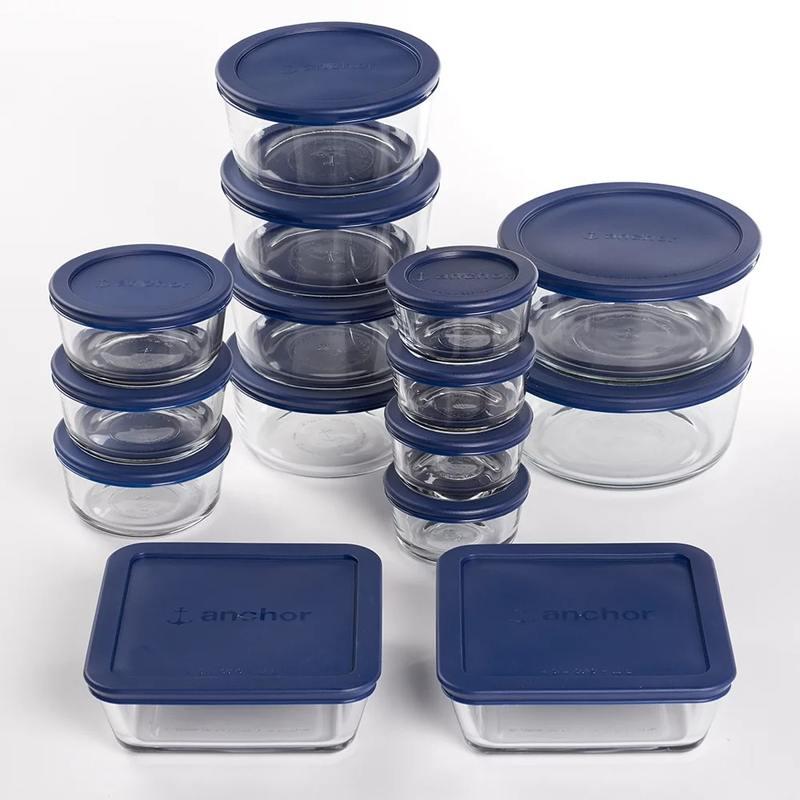 30-piece glass food storage set with navy lids, view 2 - MRSLM